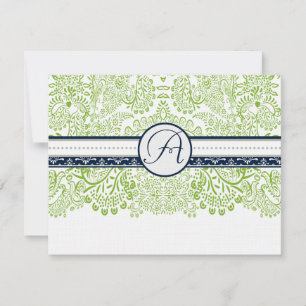 Navy Apple Green Gray Love Birds Wedding RSVP Card