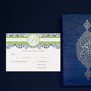 Navy Apple Green Gray Love Birds Wedding RSVP Card