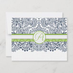 Navy Apple Green Gray Love Birds Wedding RSVP Card