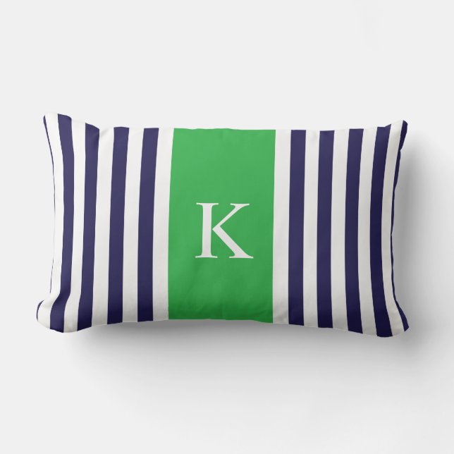 Navy Apple Green Stripes Monogram Lumbar Pillow (Front)