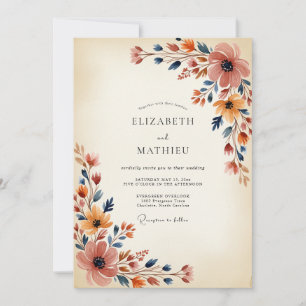 Navy Apricot Painterly Autumn Wedding Invitation