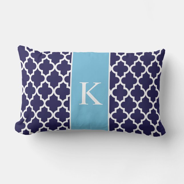 Navy Aqua Blue Moroccan Custom Monogram Lumbar Pillow (Front)