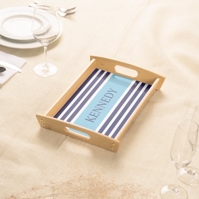 Navy Aqua Blue Stripes & Monogram Serving Tray (Front)