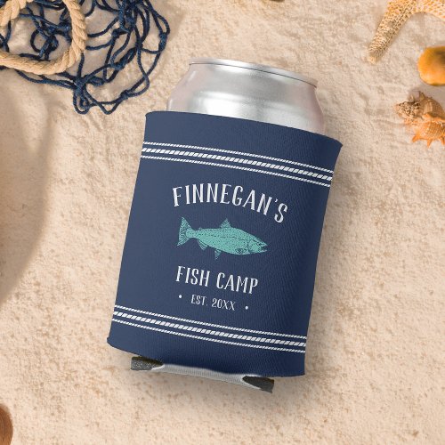 Navy  Aqua Rustic Fishing Cabin Personalized Can Cooler