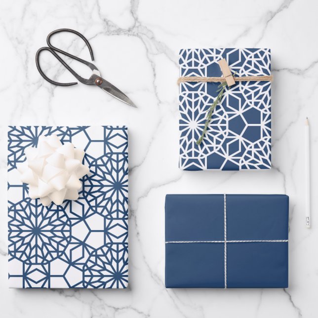 Navy Arabesque Geometric Pattern Wrapping Paper Sheets (Front)