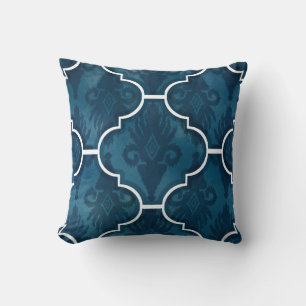 Navy Arabesque IKAT Damask Moroccan Tile Pattern Throw Pillow