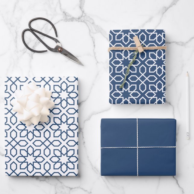 Navy Arabic Geometric Pattern Wrapping Paper Sheets (Front)
