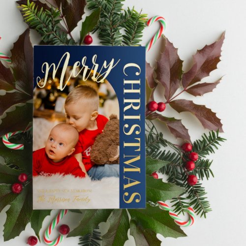 Navy Arch Shaped Photo Merry Christmas Gold Foil Holiday Card