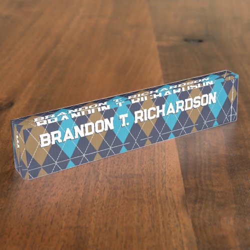 Navy Argyle Golfer Pattern  Blue  Camel Custom Desk Name Plate