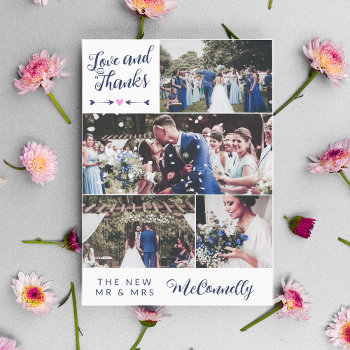 Navy Arrow Photo Collage Love & Thanks Wedding Thank You Card by Paperpaperpaper at Zazzle