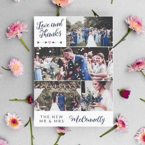 Navy Arrow Photo Collage Love  Thanks Wedding Thank You Card