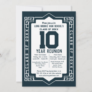 Navy Art Deco 10 Year High School Class Reunion Invitation