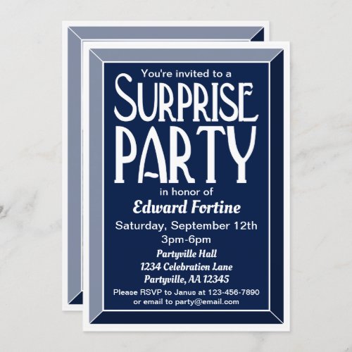 Navy Art Deco Photo Birthday Surprise Party Invitation