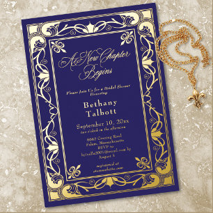 Navy Art Nouveau Vintage New Chapter Bridal Shower Foil Invitation