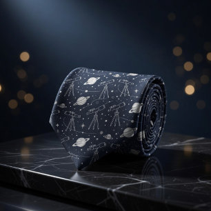 Navy Astronomy Telescopes Planets Stars Pattern Neck Tie