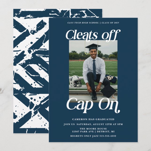 Navy Athlete Graduation Cleats off Cap On Invitation (Front/Back)