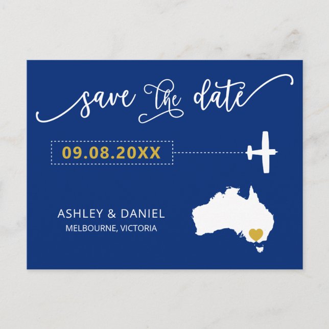 Navy Australia Wedding Save the Date Map Postcard (Front)