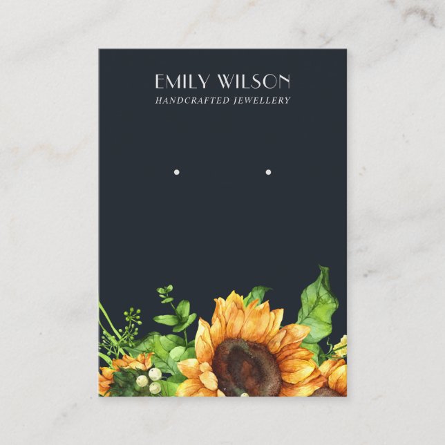 NAVY AUTUMN FALL SUNFLOWER STUD EARRING DISPLAY BUSINESS CARD (Front)