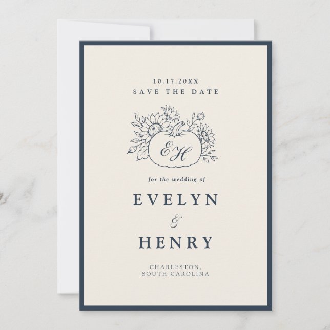Navy Autumn Monogram Save the Date Invitation (Front)