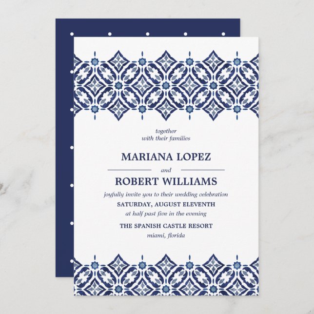 Navy Azulejo | Spanish Tile Border lace Wedding Invitation (Front/Back)