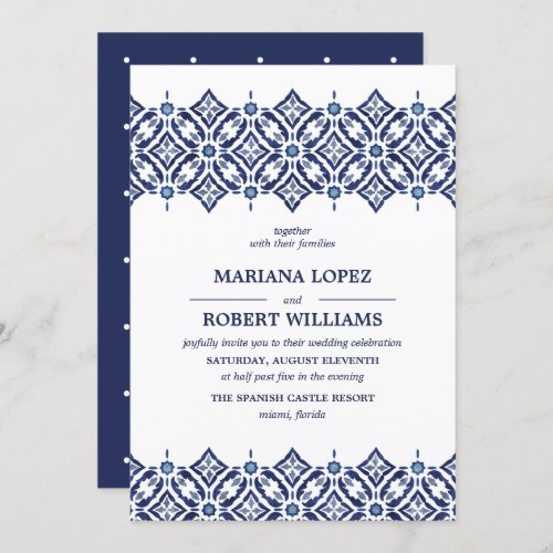 Navy Azulejo  Spanish Tile Border lace Wedding Invitation
