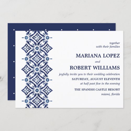 Navy Azulejo  Spanish Tile Border Wedding Invitation