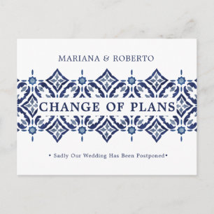Navy Azulejo Spanish Tile LACE CHANGE OF PLANS Announcement Postcard