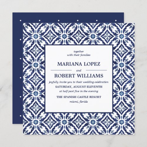 Navy Azulejo  Spanish Tile Pattern Wedding Invitation