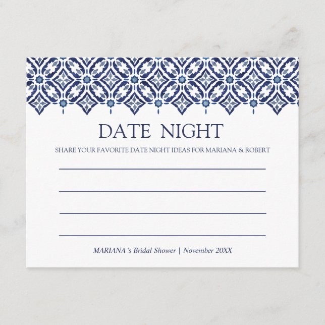 Navy Azulejo Spanish Tile Shower Date Night Advice Card (Front)
