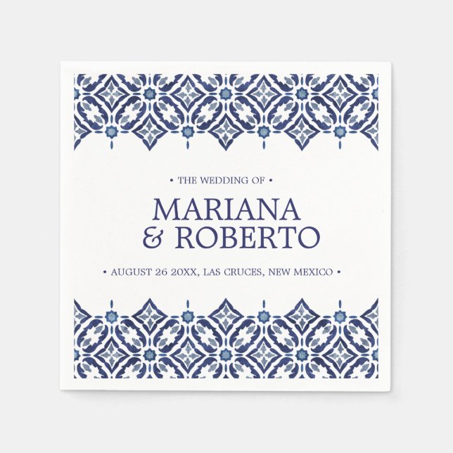 Navy Azulejos | Spanish tile border personalized Napkins (Front)