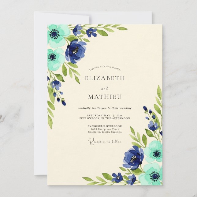 Navy Azure Floral Nature Wedding Invitation (Front)