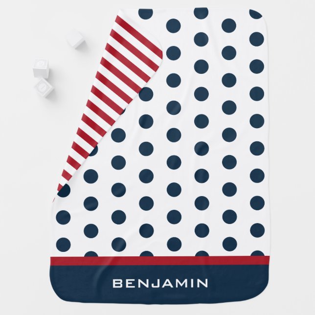 Navy Baby Blanket with Polka Dots, Stripes, Name (In Situ)