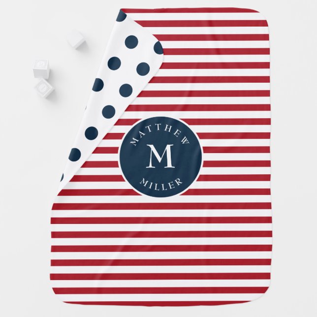 Navy Baby Blanket with Polka Dots, Stripes, Name (In Situ)