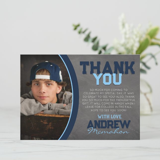 Navy & Baby Blue Chalkboard Grad Thank You Card (Creator Uploaded)