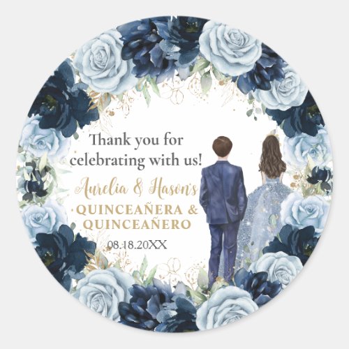 Navy Baby Blue Floral Twins Boy Girl Quinceanera Classic Round Sticker