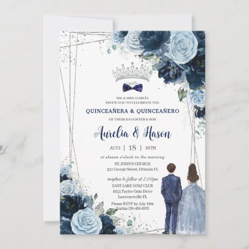 Navy Baby Blue Floral Twins Boy Girl Quinceaera Invitation