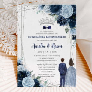 Navy Baby Blue Floral Twins Boy Girl Quinceañera Invitation