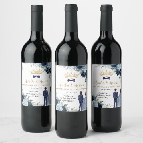 Navy Baby Blue Floral Twins Boy Girl Quinceanera Wine Label