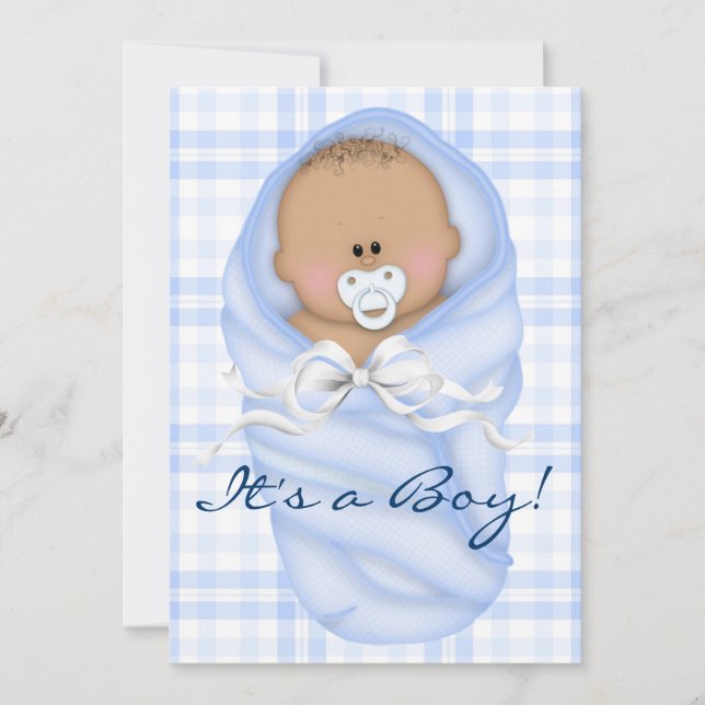 Navy Baby Blue Gingham Baby Boy Shower Invitations (Front)