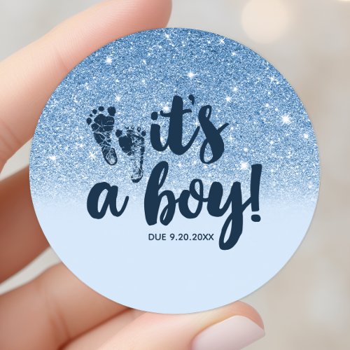 Navy Baby Blue Glitter Ombre Its A Boy Classic Round Sticker