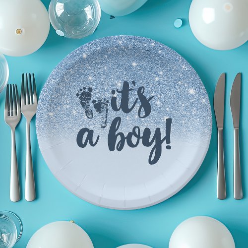 Navy Baby Blue Glitter Ombre It'S A Boy Paper Plates