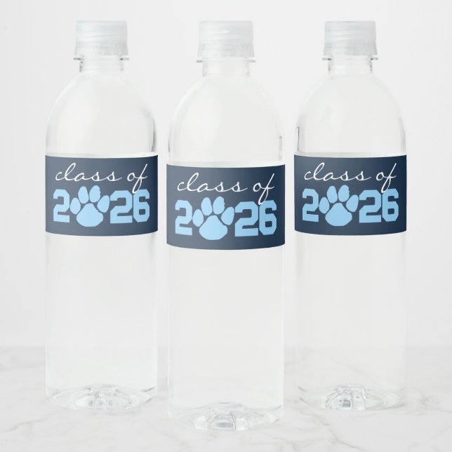 Navy & Baby Blue Pawprint Graduation Water Bottle Label (Bottles)