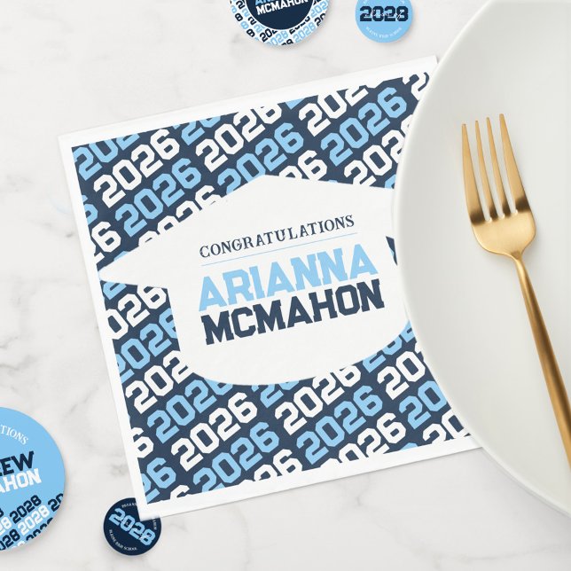 Navy & Baby Blue Personalized Graduation Cap Paper Napkins (Repeating Class Year + White Graduation Cap Personalized Paper Napkins)