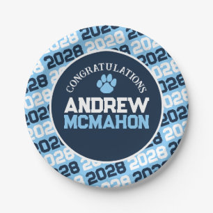 Navy, Baby Blue & White Graduation Paw Print Paper Plates