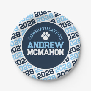 Navy, Baby Blue & White Graduation Paw Print Paper Plates