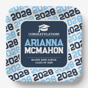 Navy, Baby Blue & White Personalized Graduation Paper Plates