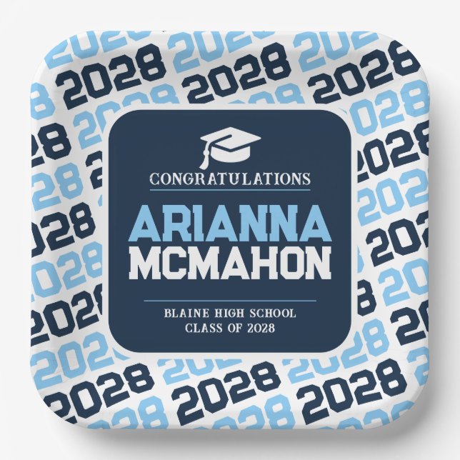 Navy, Baby Blue & White Personalized Graduation Paper Plates (Front)