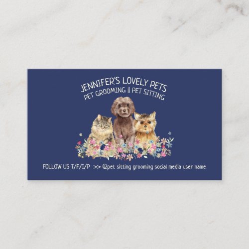 Navy Background Cute Dog Cat Pet Bird Illustration Business Card