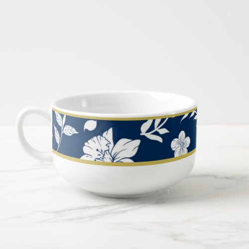 Navy Background White Floral Soup Bowl