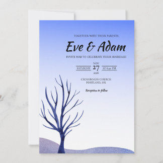 Navy Bare Tree Boho Watercolor Winter Wedding Invitation